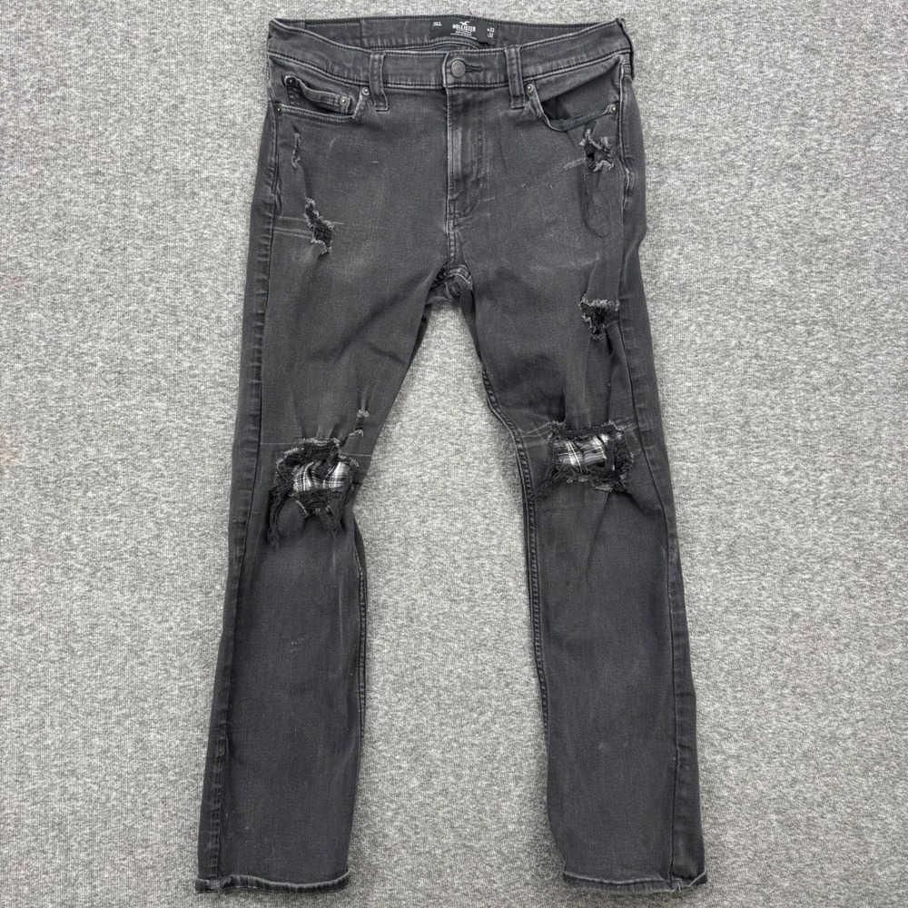 Hollister Slim Straight Advanced‎ Stretch Ripped Plaid Patch Jeans Black 33